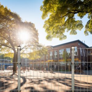 Stabmattenzaun vor einem öffentlichen Gebäude